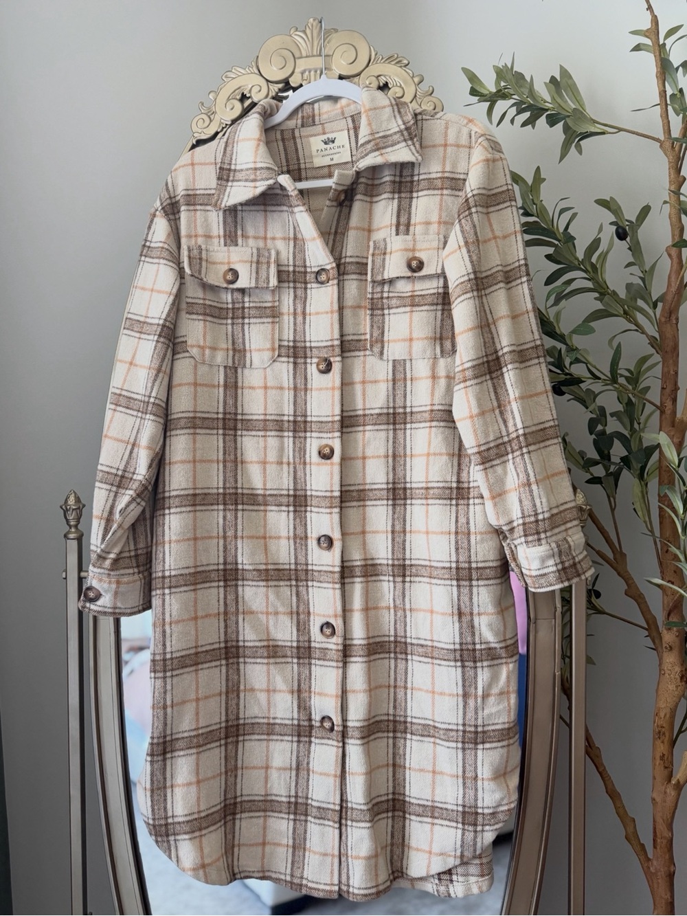Panache Plaid Button-Up Shacket Jacket - Cream & Brown